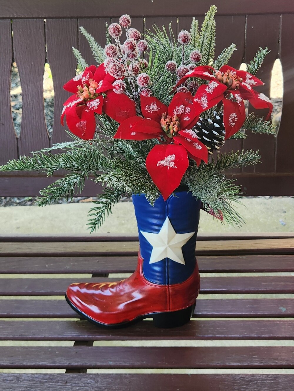 Festive Texas Cowboy Boot Faux Poinsettia Pine Bouquet Christmas Decor - Picture 7 of 11
